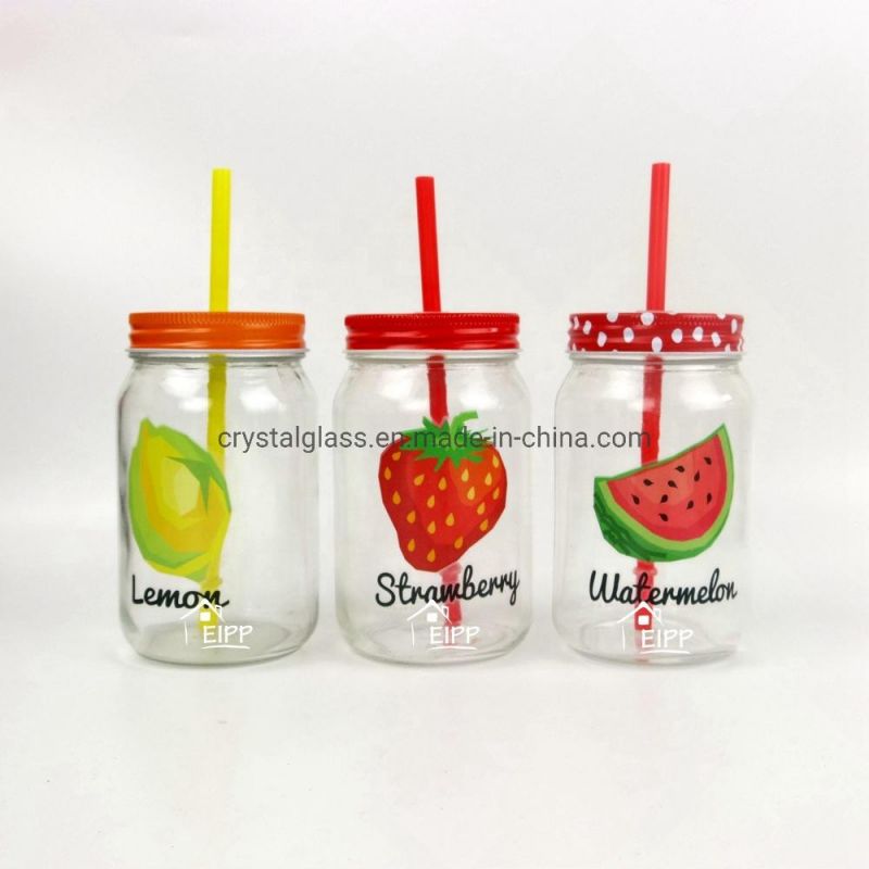 Wholesale 16oz Costom Logo Fruit Pattern Decal Wide Mouth Glass Mason Jar with Lid and Straw