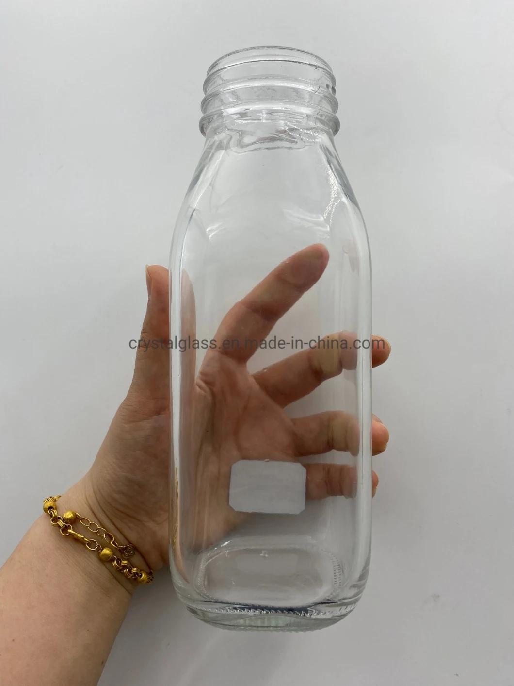 10oz 16oz 30oz French Square Beverage Juice Glass Milk Bottle with Plastic Cap 300ml 500ml 950ml