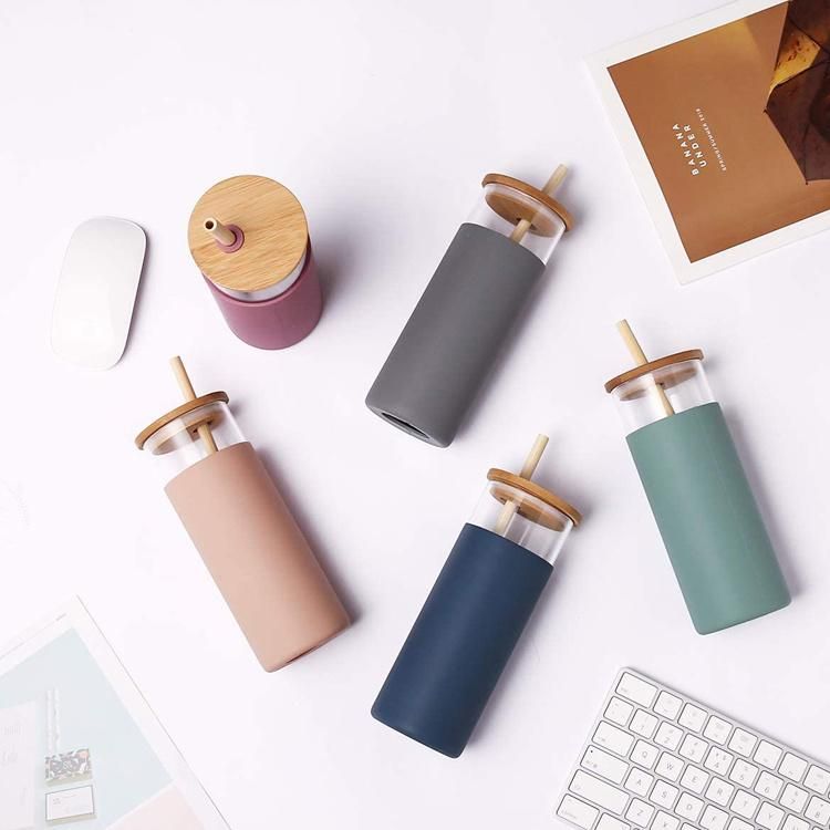 BPA Free Silicone Protective Sleeve Borosilicate Glass Water Bottle with Bamboo Lid and Straw
