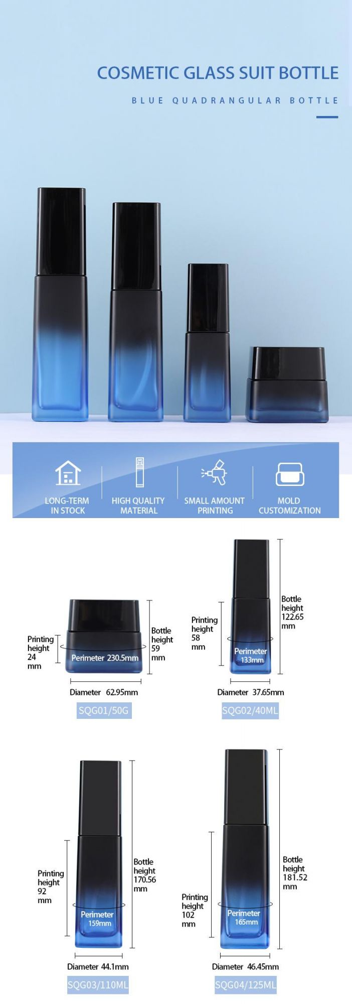 Packaging Cosmetics Containers Glass Jar Bottles 50g Blue Square Glass Bottle 40ml 110ml 125ml Luxury Lotion Glass Bottle