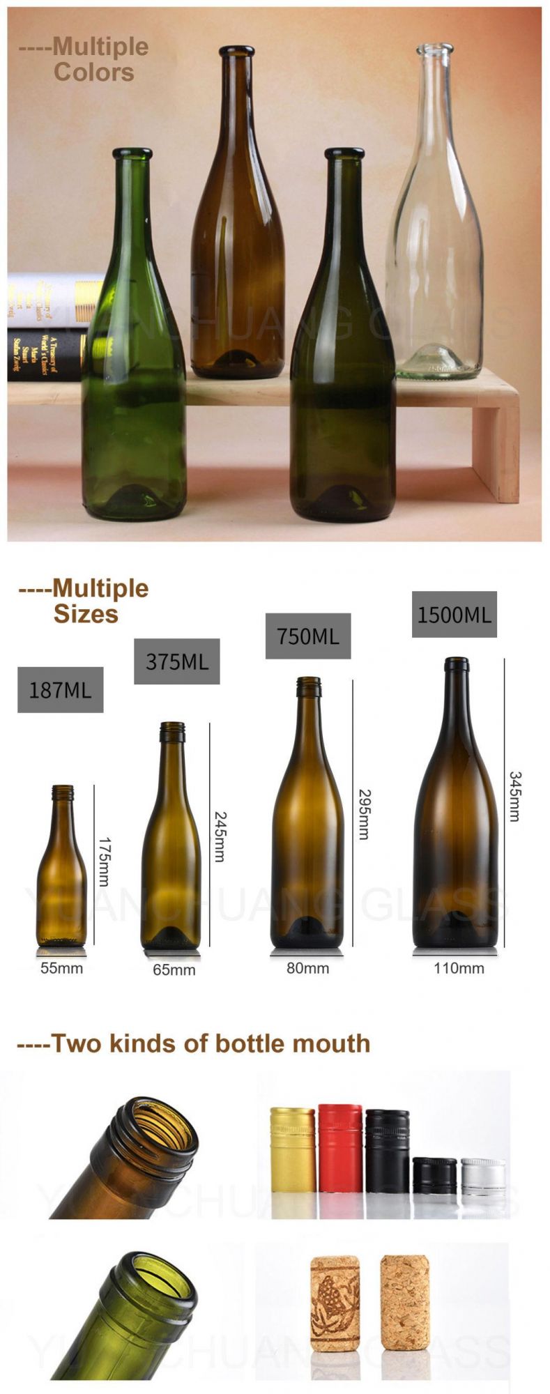 187ml 375ml 500ml 750ml Custom Empty Amber Blue Black Transparent Glass Wine Bottle