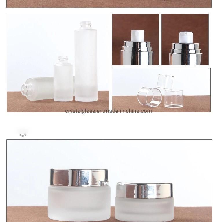 Cosmetic Glass Set Bottle for Lotion and Cream with Silver Caps