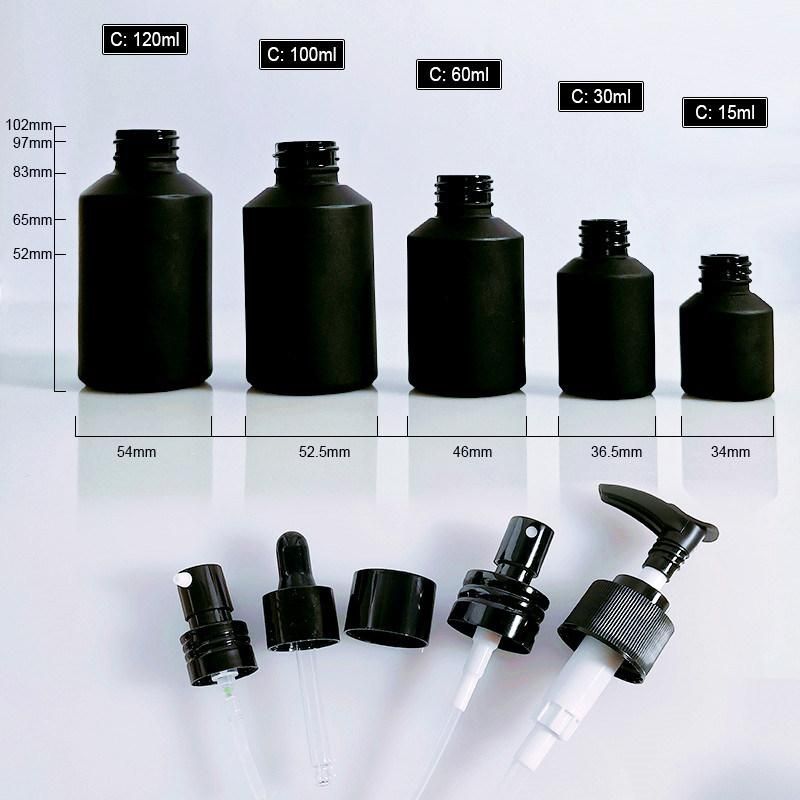 Cosmetic Packaging 15ml 30ml 60ml 100ml 120ml Matt Black Serum Dropper Cream Lotion Glass Bottle and Jars