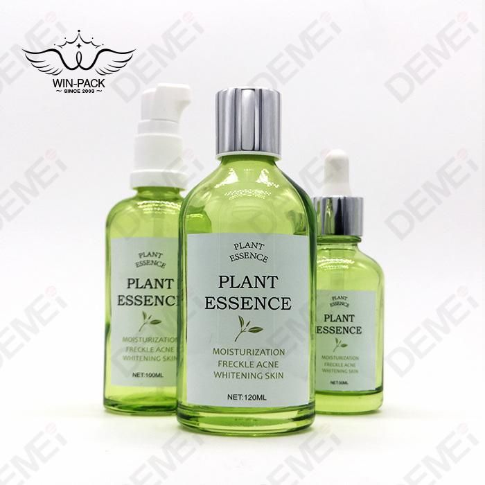 20/50/100/120ml 60g Cosmetic Skin Care Packaging Green Round Shoulder Toner Lotion Glass Dropper Bottle and Cream Jar