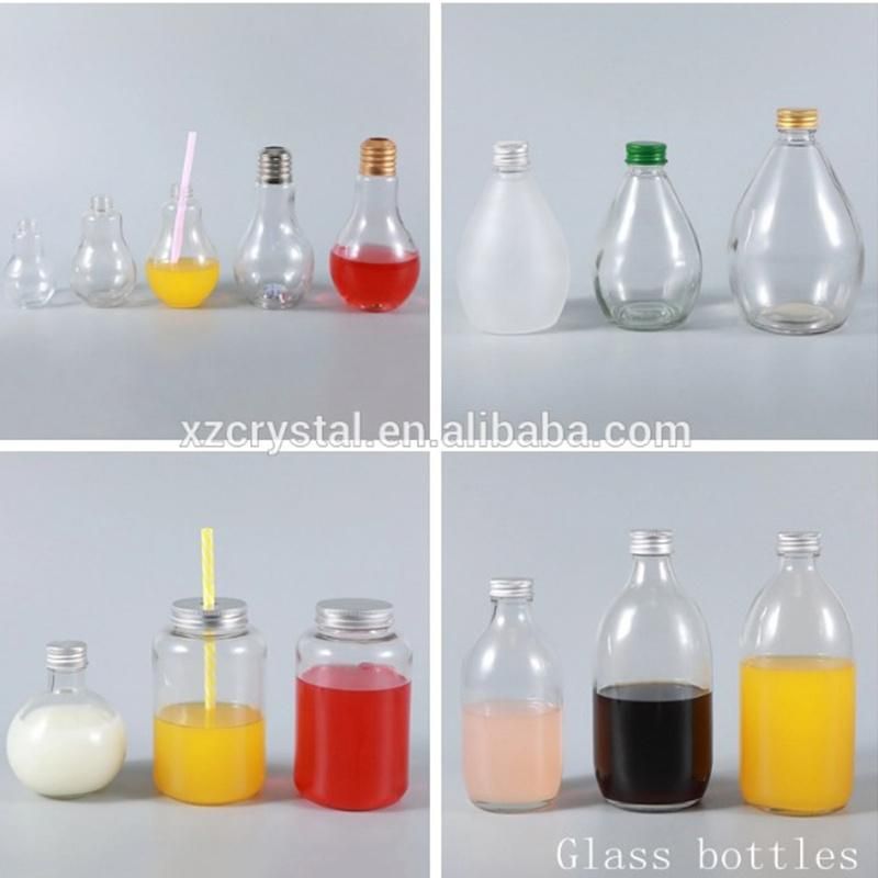 Wholesale Square French Beverage Milk Drinking 300ml Juice Bottle Glass Bottle with Plastic and Metal Cap