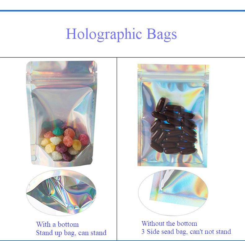 Plastic Ziplock Clear Transparent Front and Holographic Foil Back Zip Lock Stand up Pouch Bag with Zipper