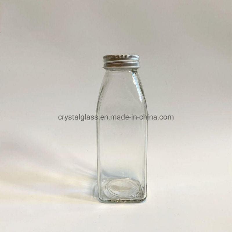 300ml 10oz Square Shape Glass Milkshake Beverage Bottle with Metal Screw Cap