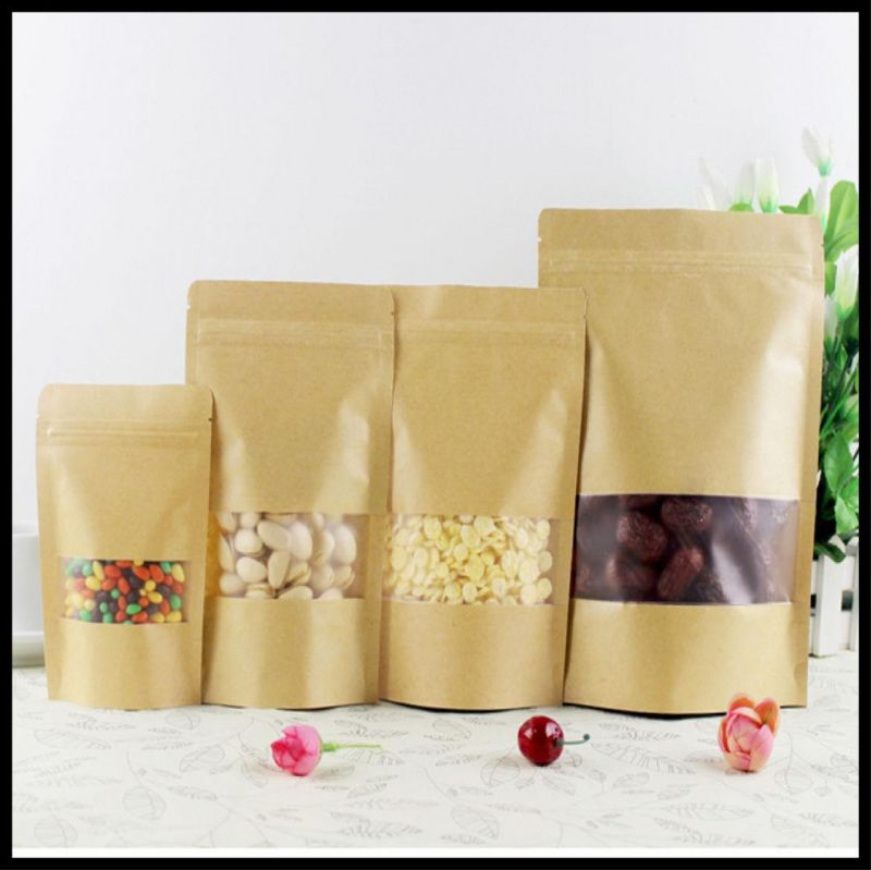 10*15+6cm 0.28mmbrown Kraft Retail Food Packaging Heat Sealable Stand-up Pouches with High Barrier and Matt Window