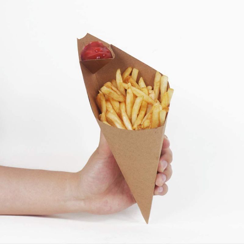 Eco Friendly Paper Cones with Build in Sauce Cup Finger Food Fries and DIP Sauce Snack Holder