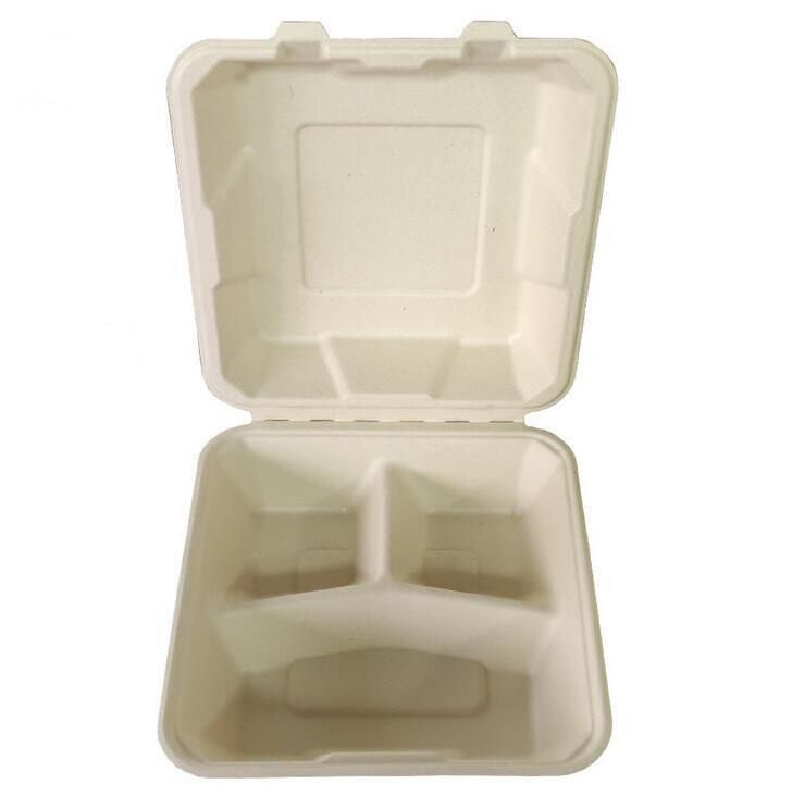 Eco Friendly 8*8 9*9 7*5 Inch 3 Compartments Compostable Bagasse Sugarcane Pulp Disposable Biodegradable Meal Food Box Compostable Clamshell Hamburger Tableware