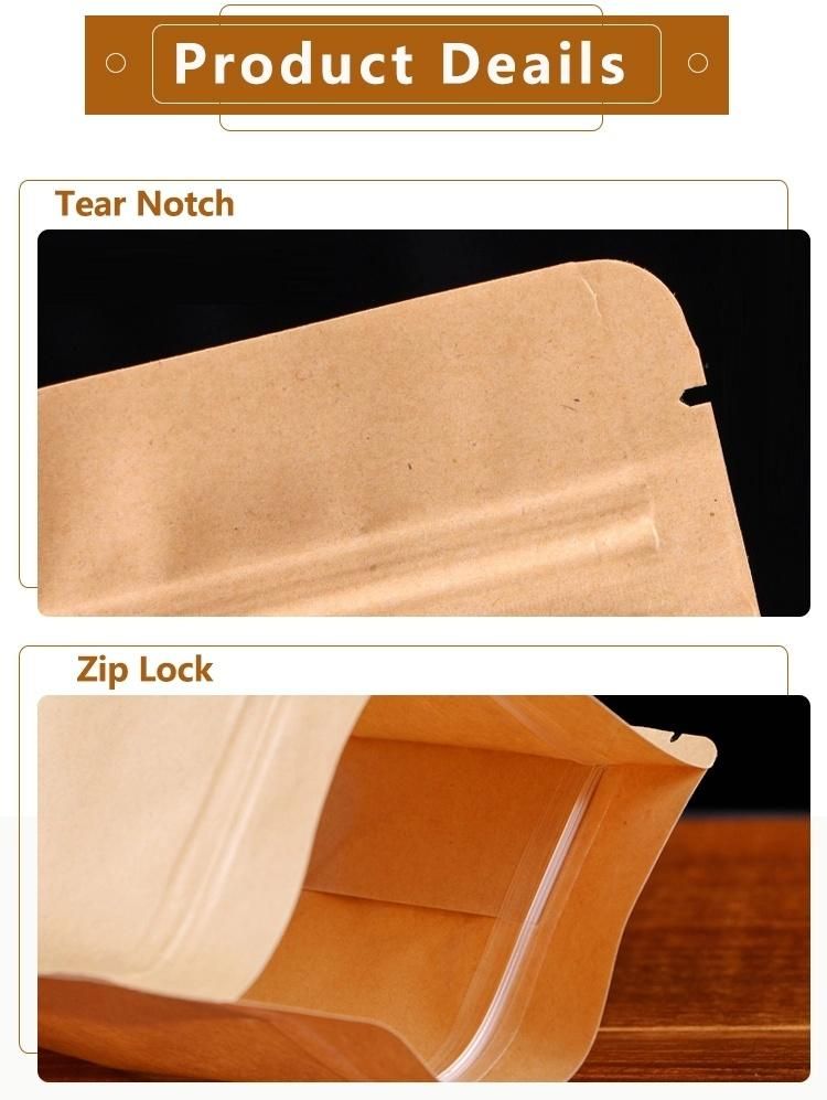 Waterproof Zipper Sealed Resealable Zip Lock Food Grade Ziplock Stand up Pouch Brown Kraft Paper Bag with Window