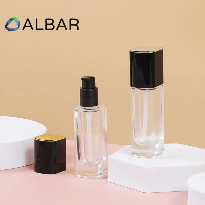 Thick Bottom Clear Cosmetic Glass Bottles in Black Liquid Pumps for Creamy Foundation