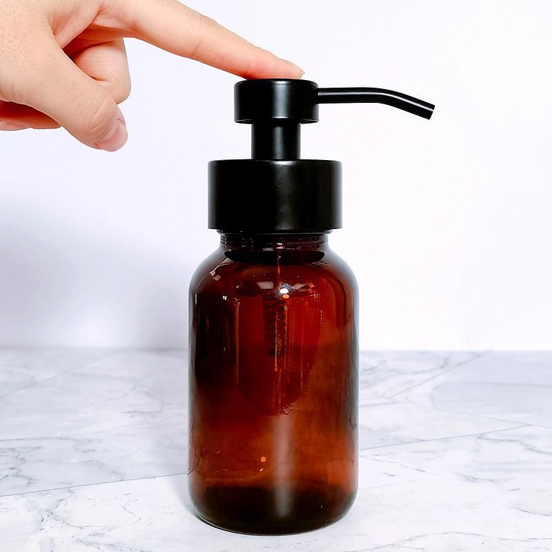 Wholesale 250 Ml 8oz Amber Liquid Hand Body Wash Glass Foaming Soap Pump Bottle with Stainless Steel Pump