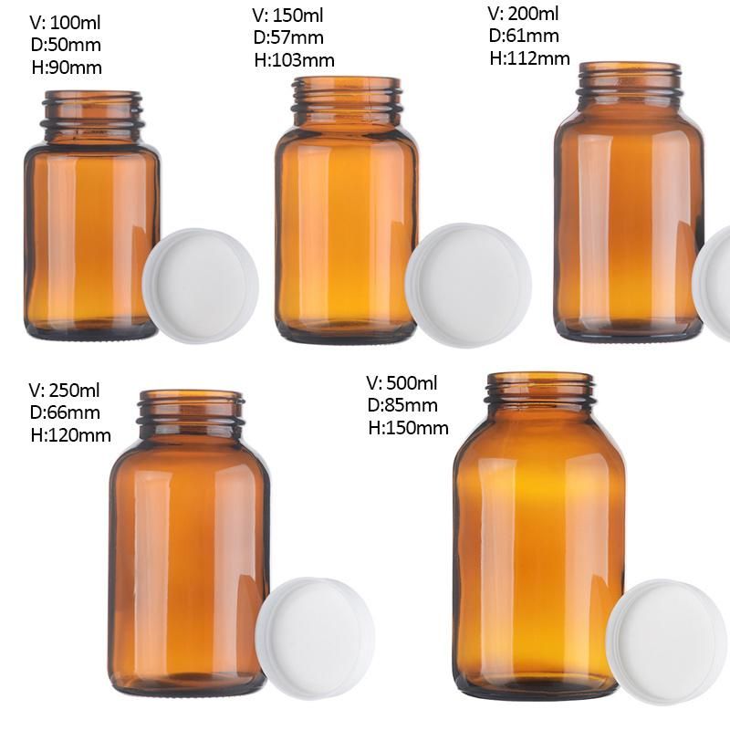 100ml 150ml 200ml 250ml 500ml Wide Mouth Amber Blue Clear Pharmaceutical Medical Pill Glass Bottle with Plastic Lids