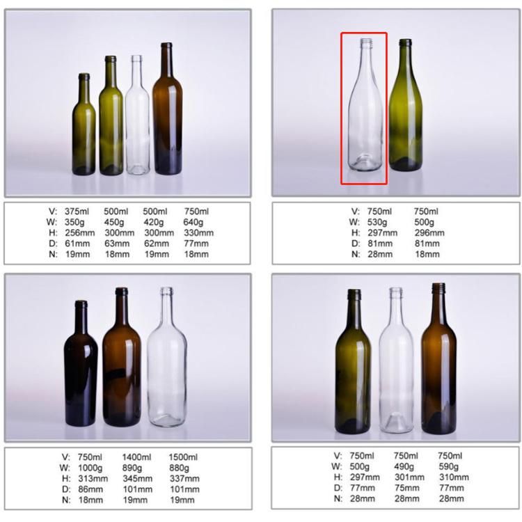 750ml Clear Green Color Burgundy Wine Glass Bottle