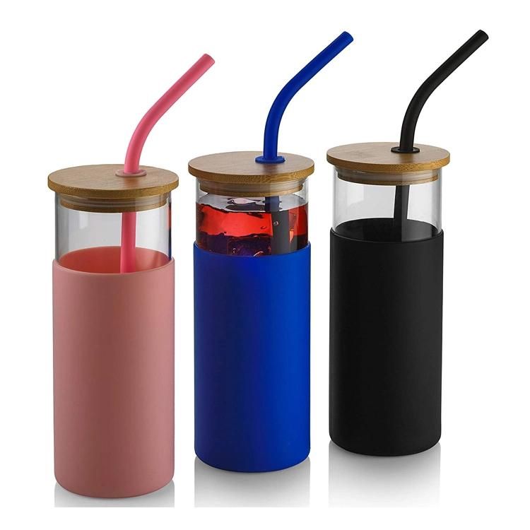 BPA Free Silicone Protective Sleeve Glass Tumbler Glass Water Bottle with Bamboo Lid and Straw