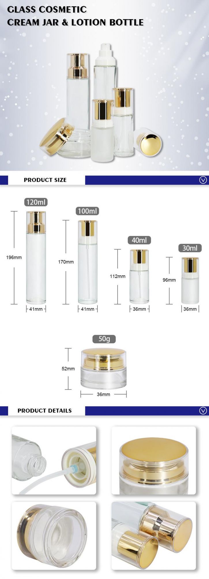 High Quality and Luxury Cosmetic Packaging 120ml 100ml 40ml 30ml 50g Glass Lotion Bottle and Cream Jar