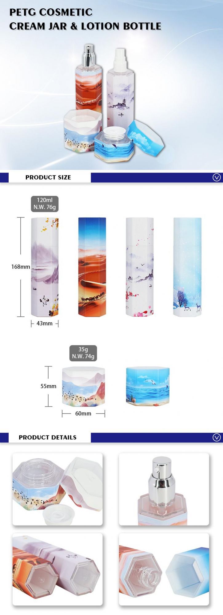 PETG Factory High Quality 120ml 35ml Cosmetic Hexagon Ink Plating Skin Care Body Lotion Bottle