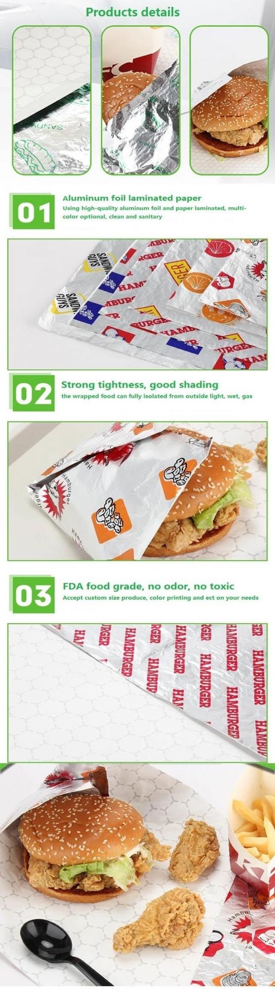 Fast Food Shop Custom Printed Sandwich Grease Proof Packaging Food Hamburger Wrapping Foil Paper