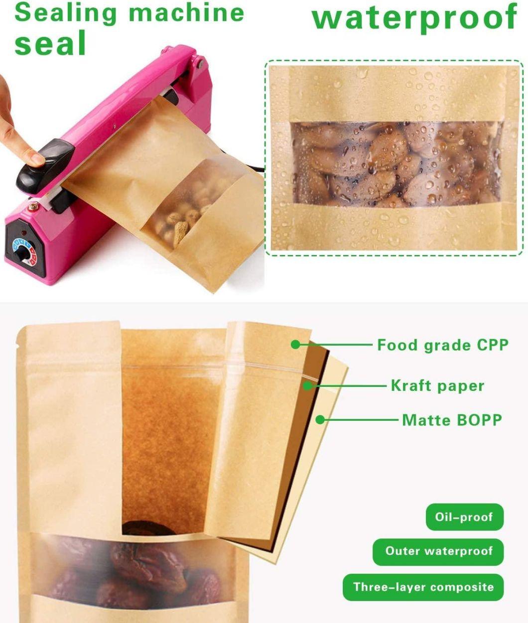 Factory Wholesale Food Packaging Doypack Stand up Pouch Plain Brown Kraft Paper Bag with Clear Window and Zip Lock for Tea Snack