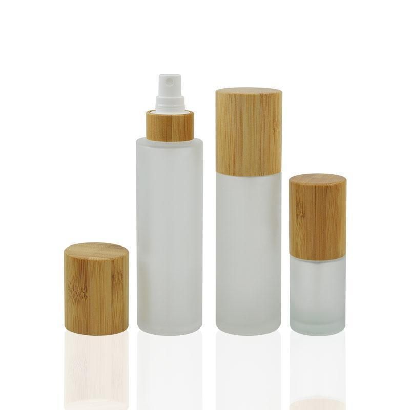 30ml 50ml 100ml 120ml Cosmetic Packaging Glass Frosted Lotion Pump Sprayer Bottle with Bamboo Lid