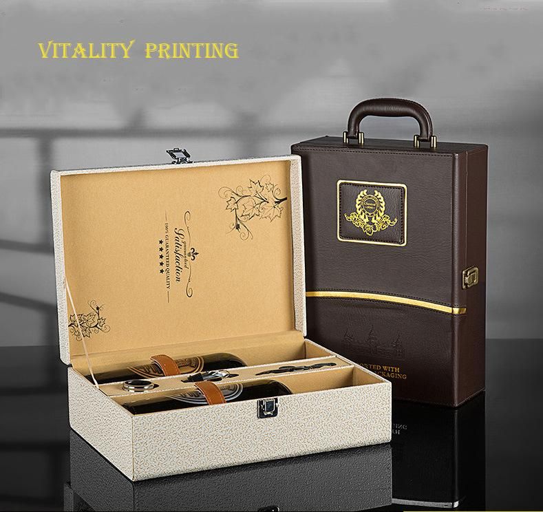 Custom Wholesale Luxury Europe Style Classical Portable PU Leather Wine Packaging Box Liquor Wooden Gift Packing Box/Spot Leather Case/Two Bottles Package