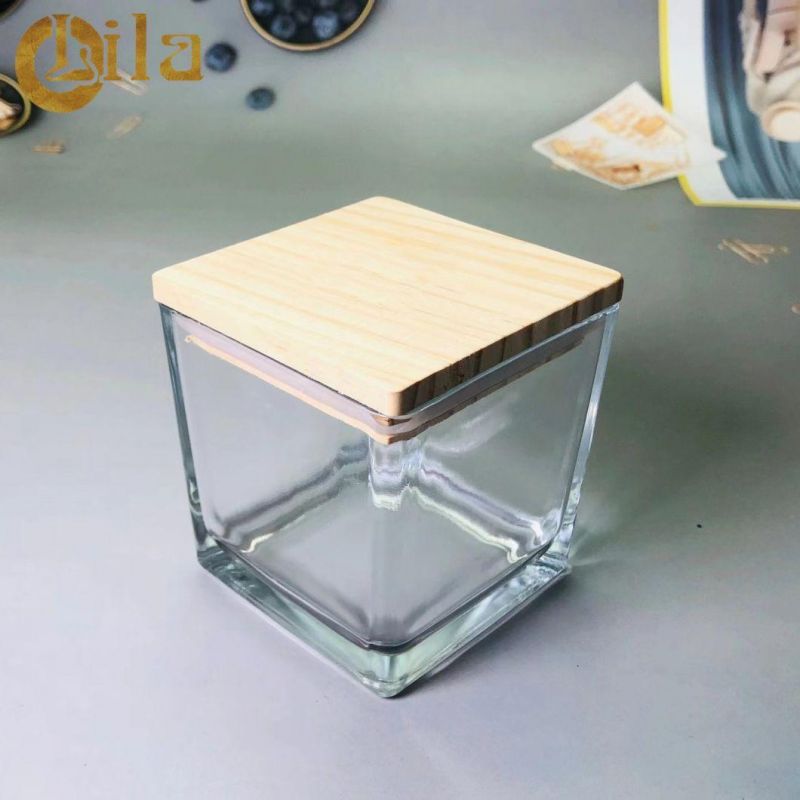 China Factory 300ml Square Wide Glass Candle Jar with Wood Bamboo Lid