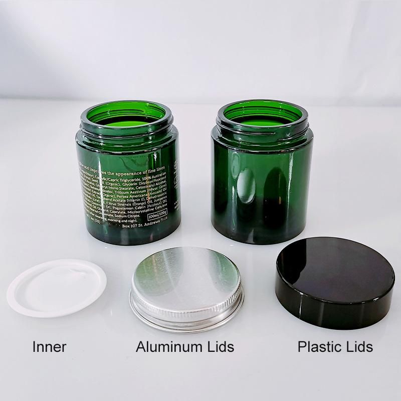 Popular Fancy Unique 100g 100ml Straight Sided Green Gosmetic Glass Jar with Aluminum Plastic Lids for Face Body Cream Oniment