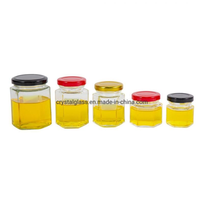 Stock Hexagon Shape Glass Honey Kitchen Containers Jar for Food Storage 30ml-730ml 50g-1000g