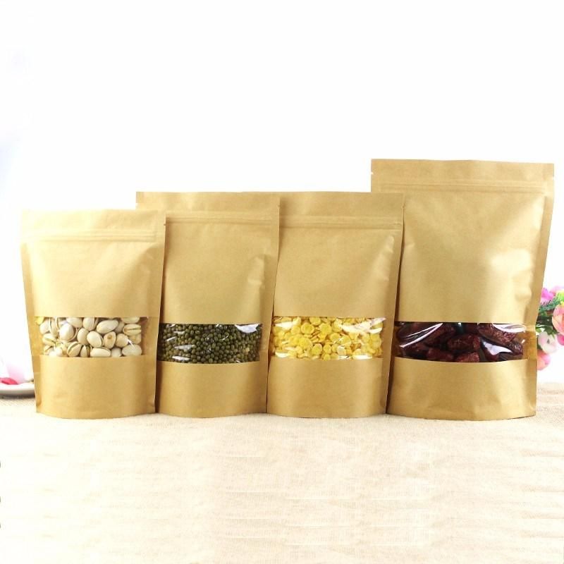 Wholesale Food Packaging Doypack Stand up Pouch Plain Brown Kraft Paper Bag with Clear Window and Zip Lock for Tea Snack