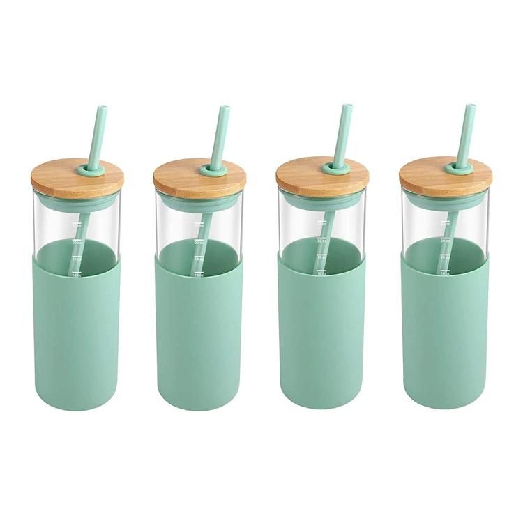 BPA Free Silicone Protective Sleeve Glass Tumbler Glass Water Bottle with Bamboo Lid and Straw