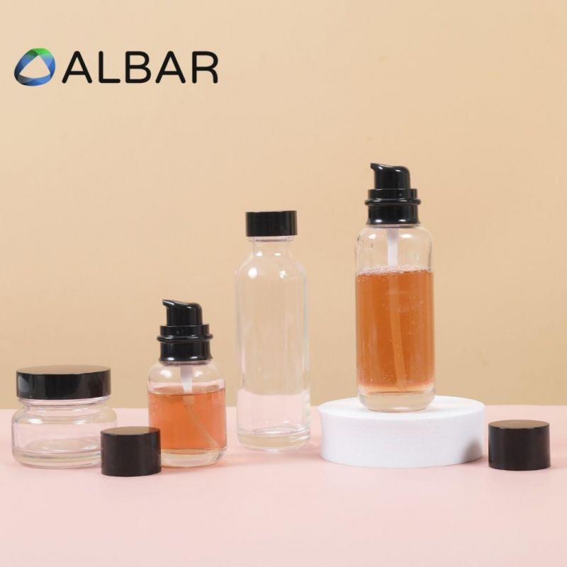 Press Pump Transparent Clear Glass Bottles in Black Lid Cover Cap for Skin Care