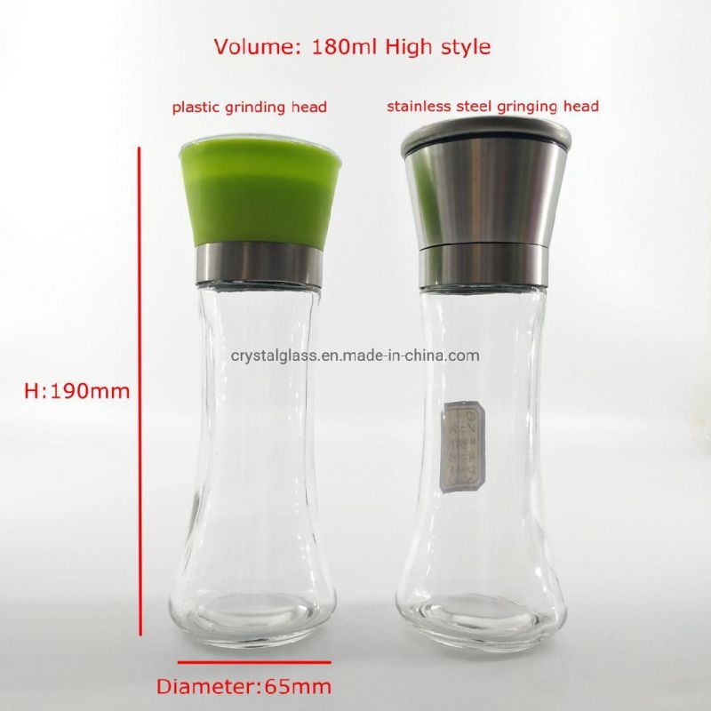 Manual Glass Pepper and Salt Grinder Mill Shaker Plastic Cap and Glass Body with 6oz Capacity