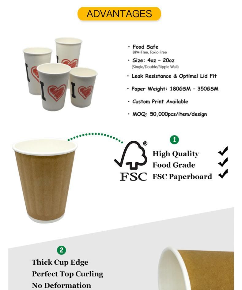 Eco Friendly Disposable 4oz 8oz 12oz 16oz Ripple Double Wall Customized Coffee Paper Cups