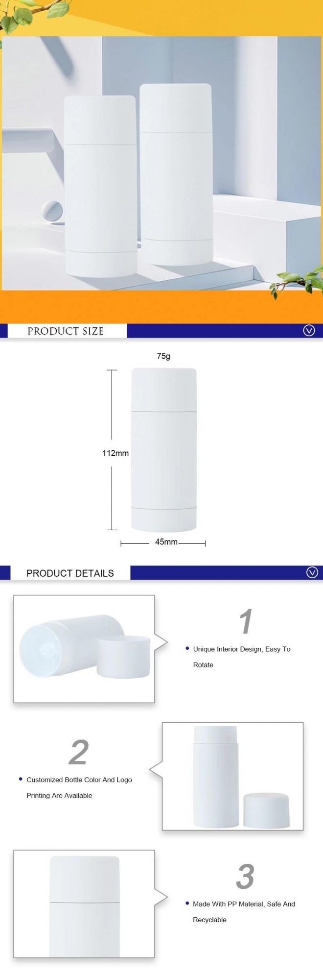 Skincare Packaging PP 75ml Cylinder Empty Cosmetic Packaging White Sunscreen Lotion Stick Bottle