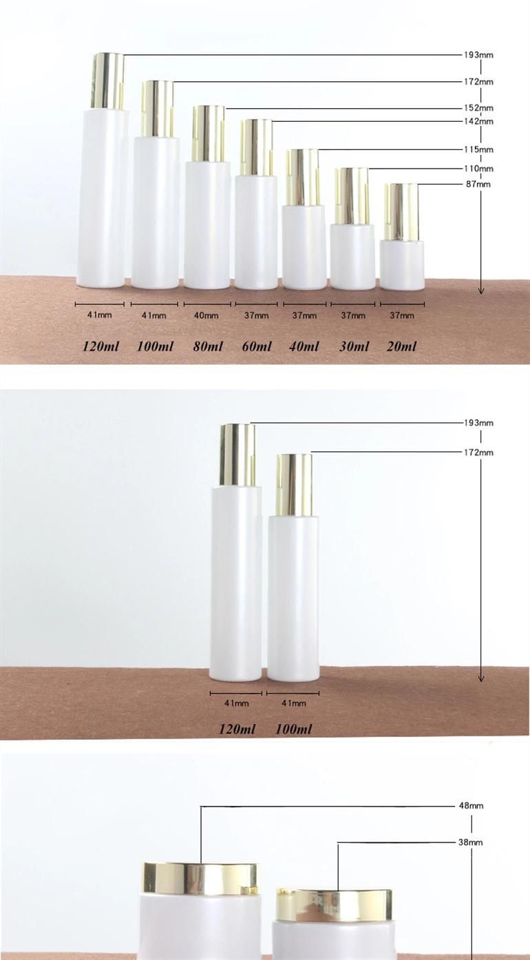 Pearl White Glass Cosmetic Packaging Set Lotion Bottle with Gold Lid