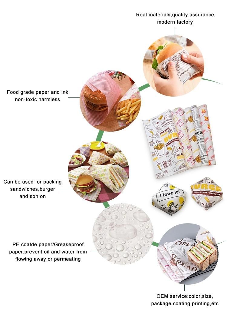 Food Grease Proof Custom Coloured Logo Printed Butter Hamburger Sandwich Packaging Wrapping Paper