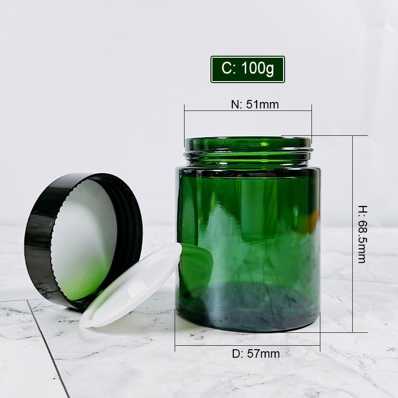 Popular Fancy Unique 100g 100ml Straight Sided Green Gosmetic Glass Jar with Aluminum Plastic Lids for Face Body Cream Oniment