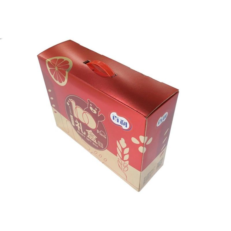 Luxury Customized Good Quality Sliver Artpaper UV Printing Packaging Color Box with Red Plastic Handle for Food Product