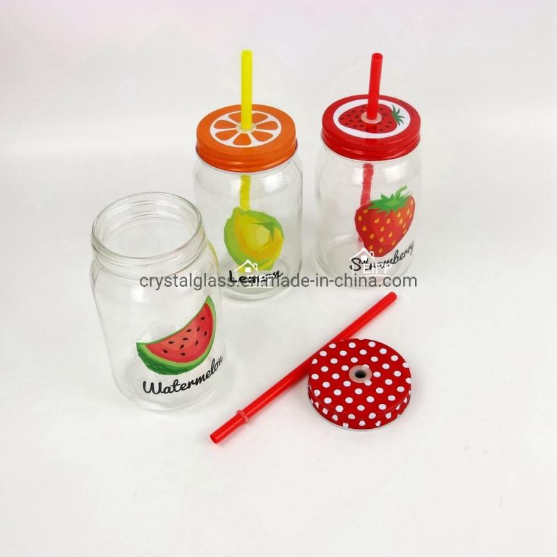 Wholesale 16oz Costom Logo Fruit Pattern Decal Wide Mouth Glass Mason Jar with Lid and Straw