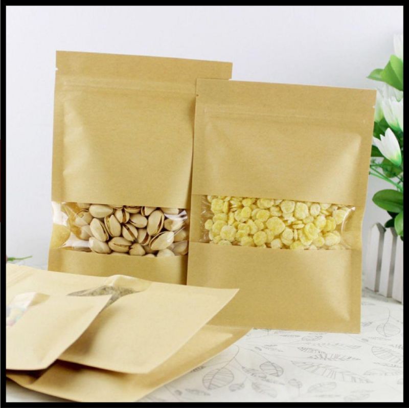 Customize Kraft Paper Flat Bags with Zipperand Clear Rectangle Window for Hemps Flower Powder Tea Snacks