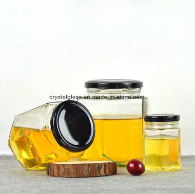 Wholesale Big Hexagon Jam Glass Honey Jar with Metal Lid 730ml