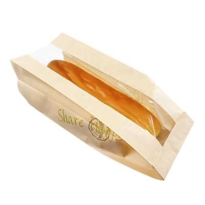 Wholesale Custom Printed Greaseproof French Baguette Bread Loaf Packaging Sharp V Bottom Flat Brown Kraft Paper Bags with Window