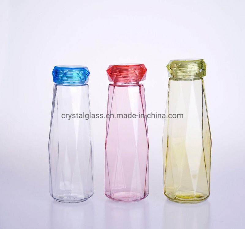 Customized Diamond Shape 450ml 500ml Glass Drinking Water Bottle with BPA Free Plastic Cap