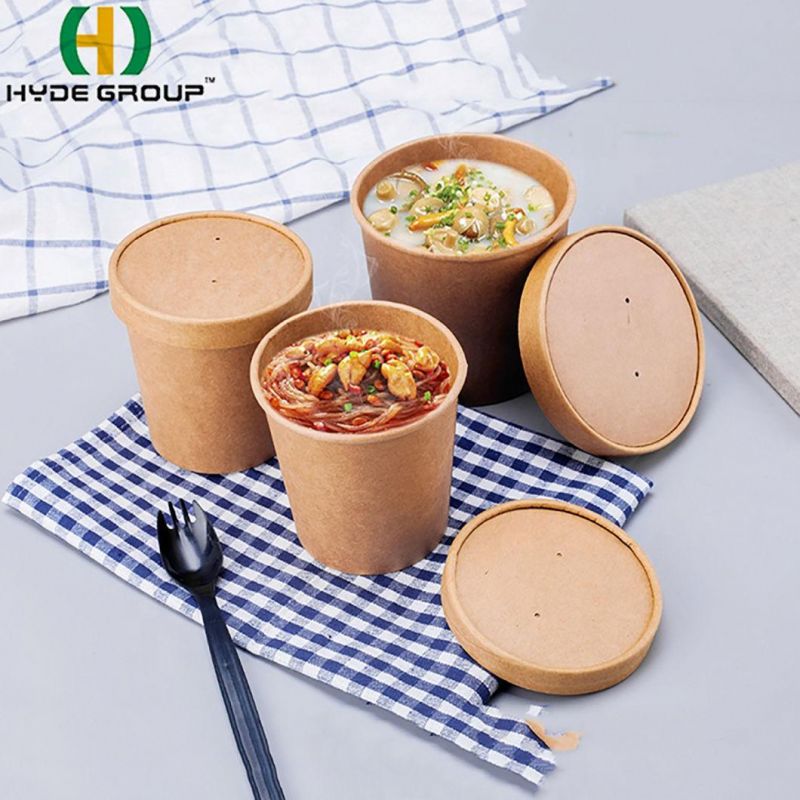 Kraft Paper Custom Printed Paper Disposable Soup Noodle Paper Cup and Lid