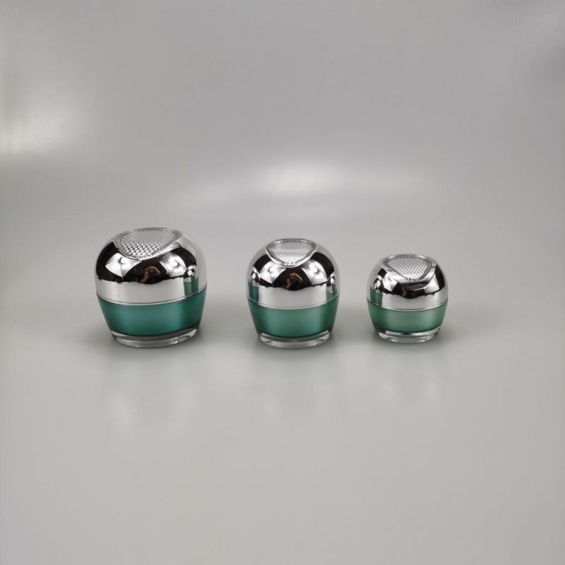 15g 30g 50g Round Acrylic Cream Jar Green Cosmetic Jar with Metalized Silver Lid for Facial Cream