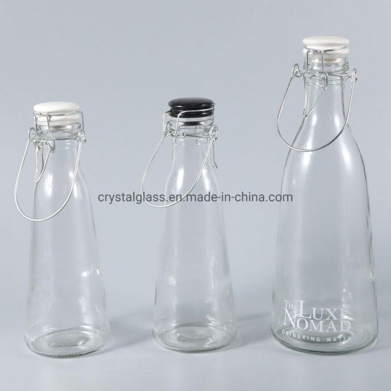 Cone Shape Portable Empty Fresh Milk or Juice Glass Bottle with Sealed Swing Clip 1L