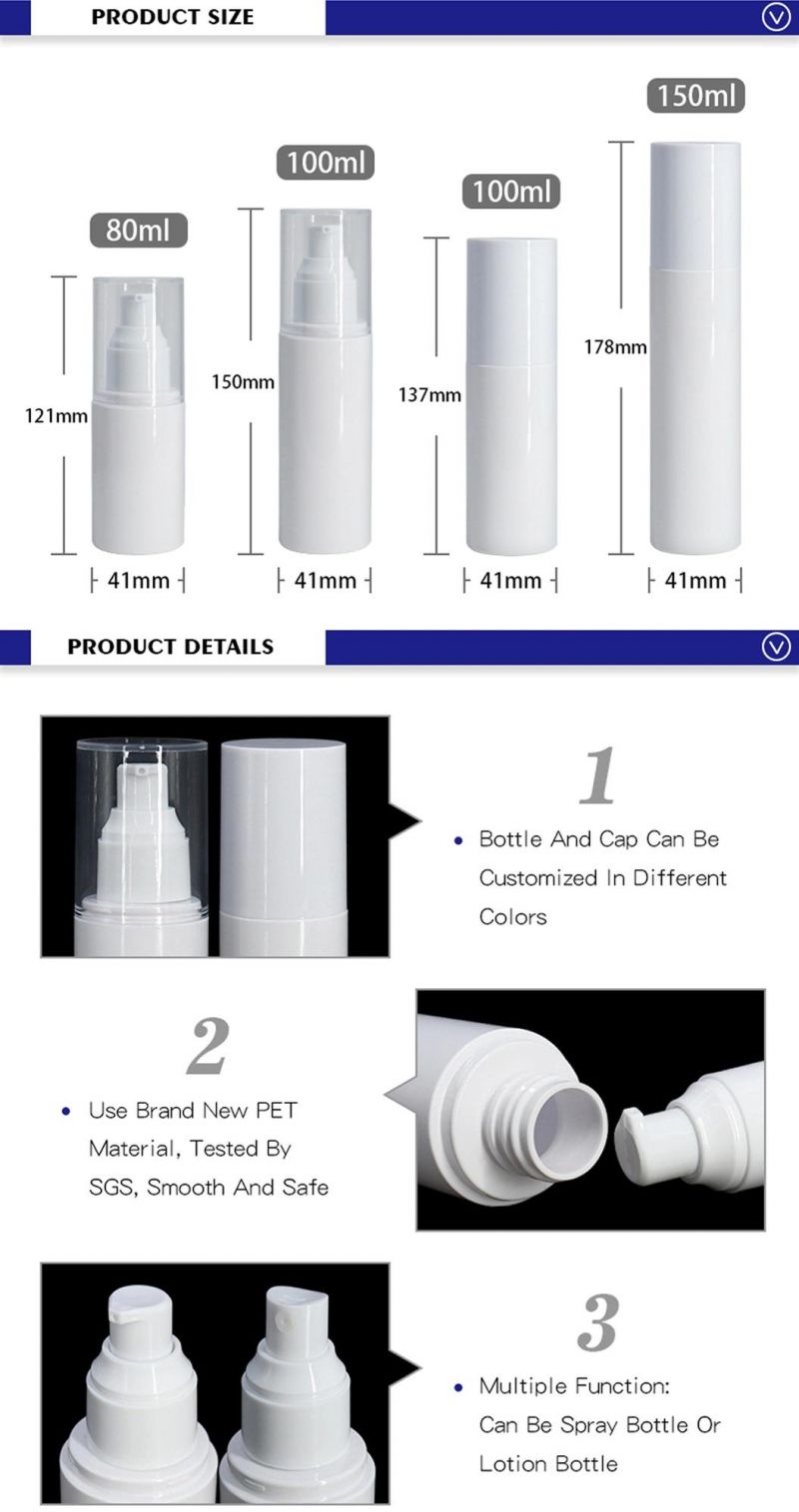 80ml 100ml 150ml White Pet Cosmetic Packaging Plastic Mist Spray Bottle and Lotion Bottle