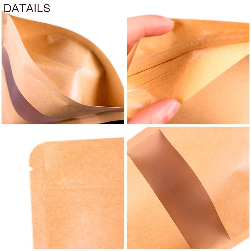 Factory Wholesale Food Packaging Doypack Stand up Pouch Plain Brown Kraft Paper Bag with Clear Window and Zip Lock for Tea Snack