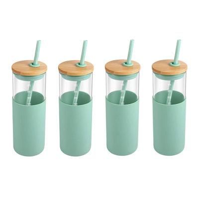 BPA Free Silicone Protective Sleeve Borosilicate Glass Water Bottle with Bamboo Lid and Straw